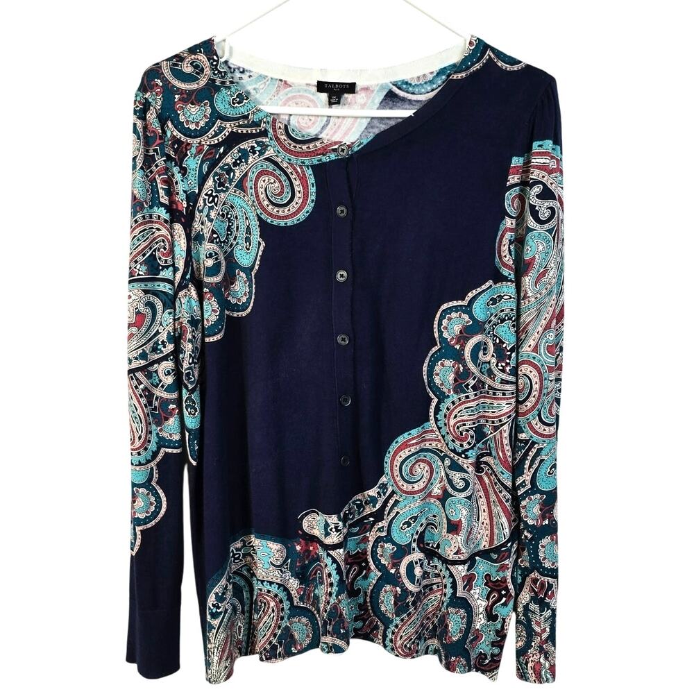 Talbots Cardigan Women's 1X Navy Bright Paisley Classic Career Coastal Preppy